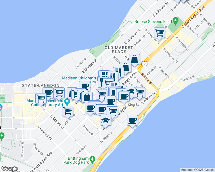 map of restaurants, bars, coffee shops, grocery stores, and more near in Madison