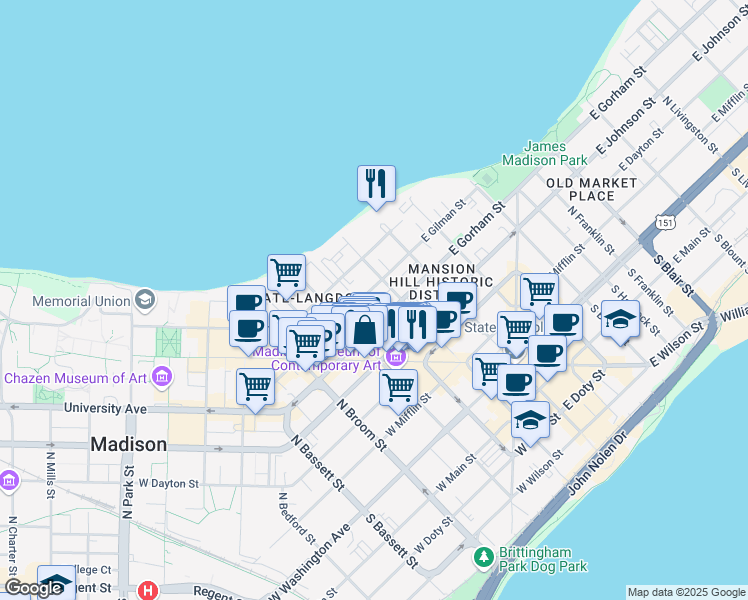 map of restaurants, bars, coffee shops, grocery stores, and more near 418 North Carroll Street in Madison