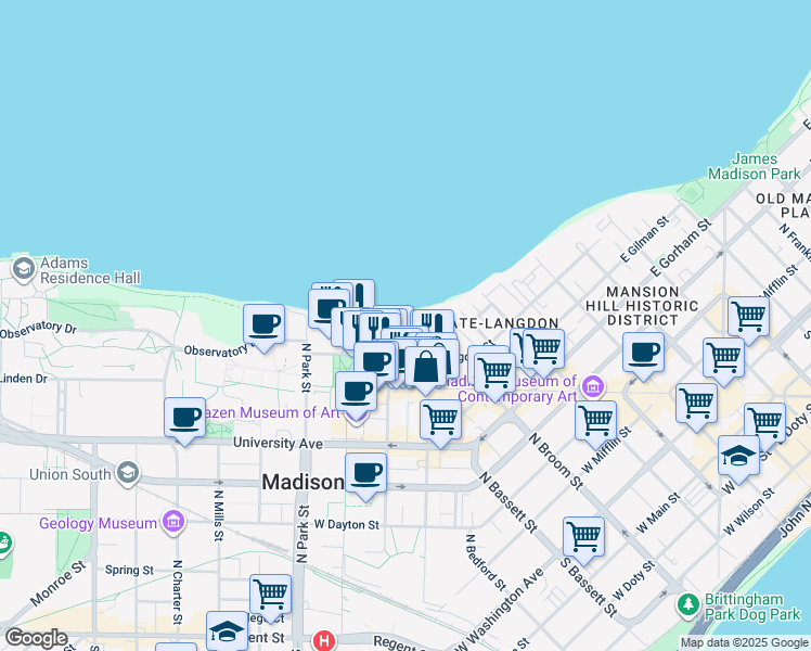 map of restaurants, bars, coffee shops, grocery stores, and more near 627 North Lake Street in Madison