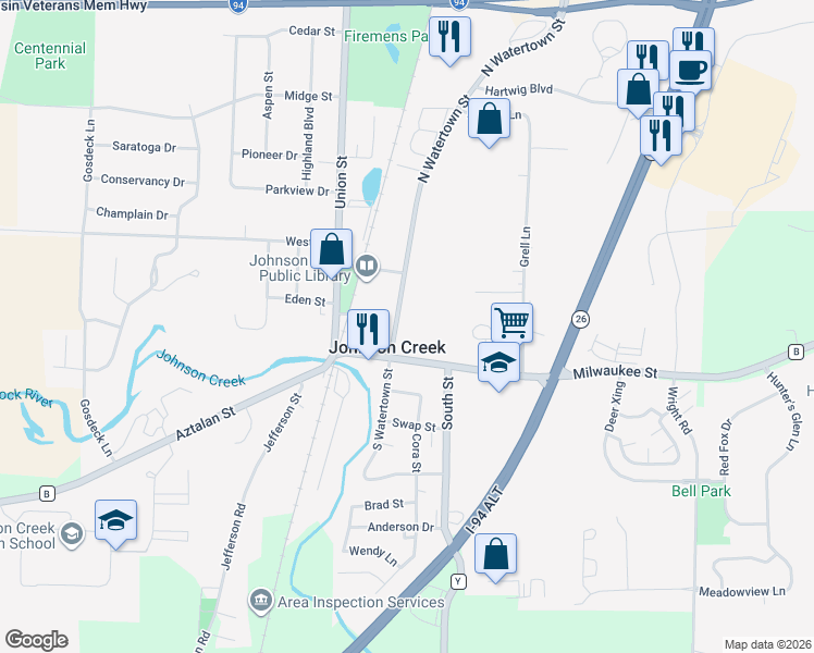 map of restaurants, bars, coffee shops, grocery stores, and more near 129 North Watertown Street in Johnson Creek