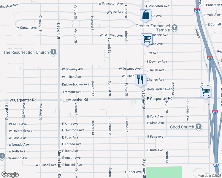 map of restaurants, bars, coffee shops, grocery stores, and more near 1115 Knickerbocker Avenue in Flint