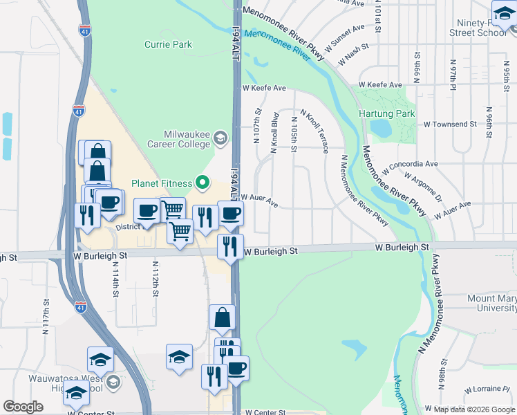 map of restaurants, bars, coffee shops, grocery stores, and more near 3191 North Knoll Boulevard in Wauwatosa