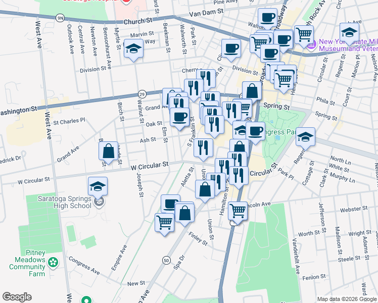 map of restaurants, bars, coffee shops, grocery stores, and more near 26 Beekman Street in Saratoga Springs