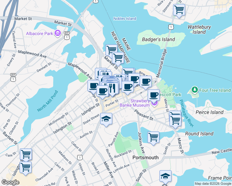 map of restaurants, bars, coffee shops, grocery stores, and more near 39 Congress Street in Portsmouth