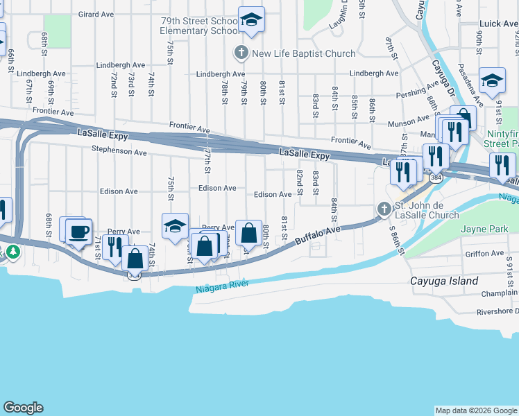 map of restaurants, bars, coffee shops, grocery stores, and more near 237 79th Street in Niagara Falls