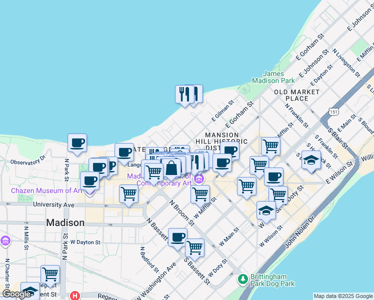 map of restaurants, bars, coffee shops, grocery stores, and more near 121 West Gilman Street in Madison
