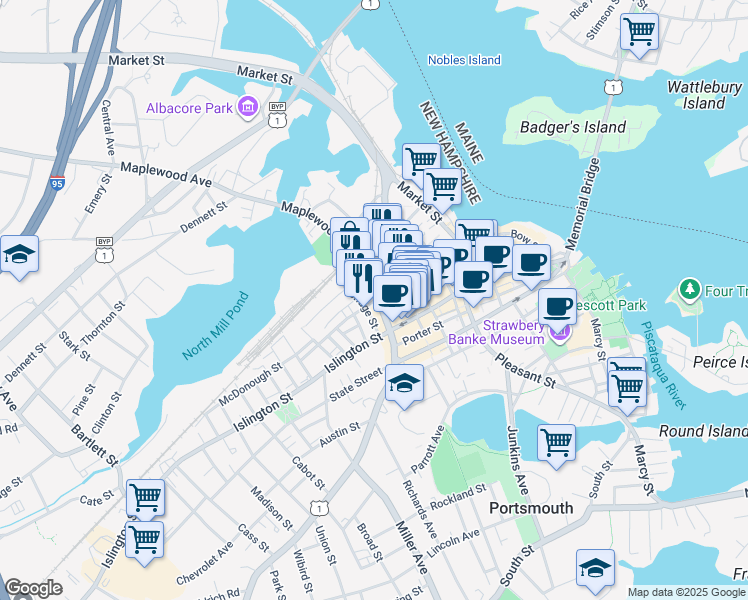 map of restaurants, bars, coffee shops, grocery stores, and more near 195 Hanover Street in Portsmouth