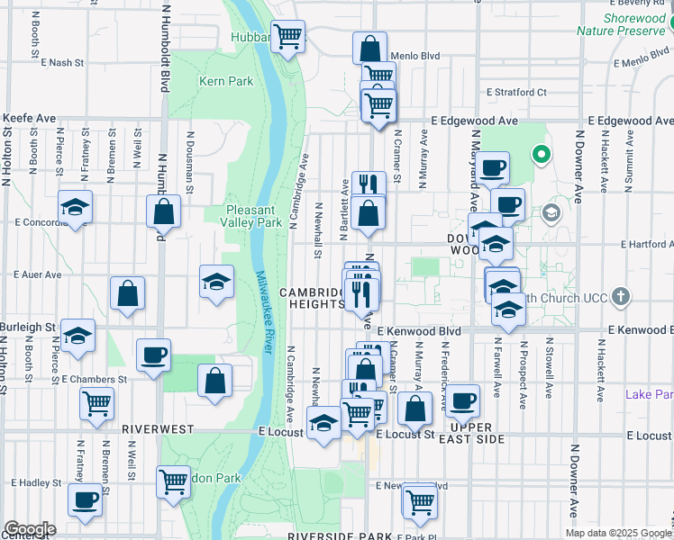 map of restaurants, bars, coffee shops, grocery stores, and more near 3247 North Bartlett Avenue in Milwaukee