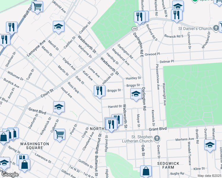 map of restaurants, bars, coffee shops, grocery stores, and more near 137 Briggs Street in Syracuse