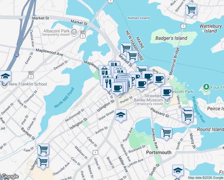 map of restaurants, bars, coffee shops, grocery stores, and more near 195 Hanover Street in Portsmouth
