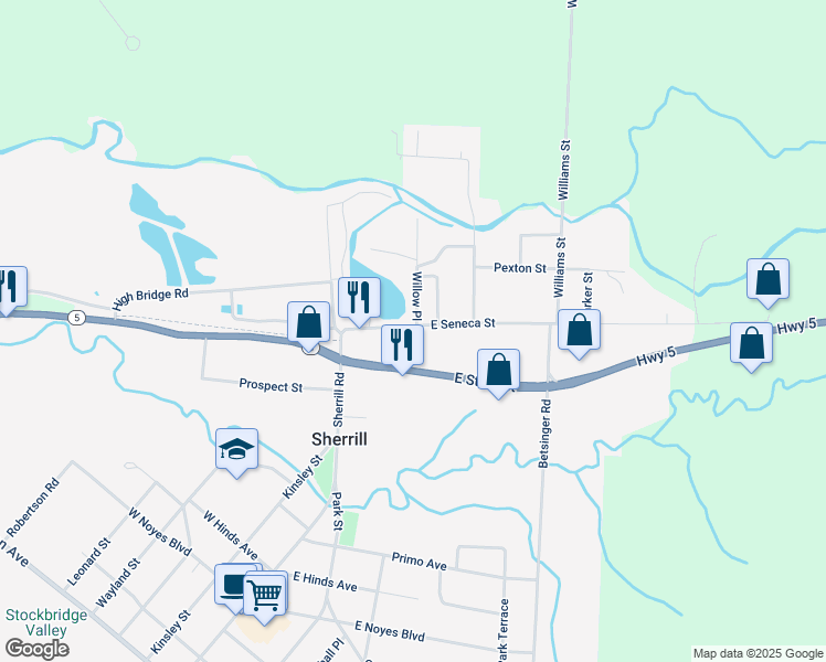 map of restaurants, bars, coffee shops, grocery stores, and more near 221 East Seneca Street in Sherrill