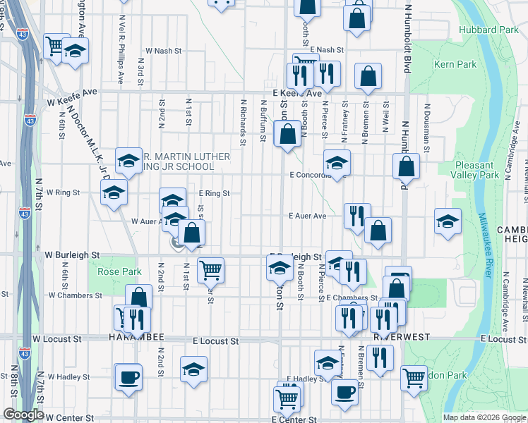 map of restaurants, bars, coffee shops, grocery stores, and more near 3214 North Buffum Street in Milwaukee