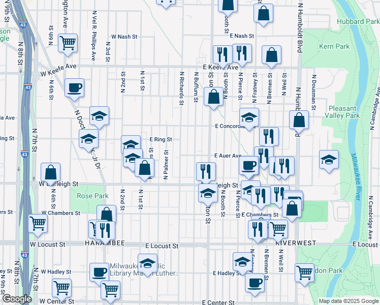 map of restaurants, bars, coffee shops, grocery stores, and more near 3214 North Richards Street in Milwaukee