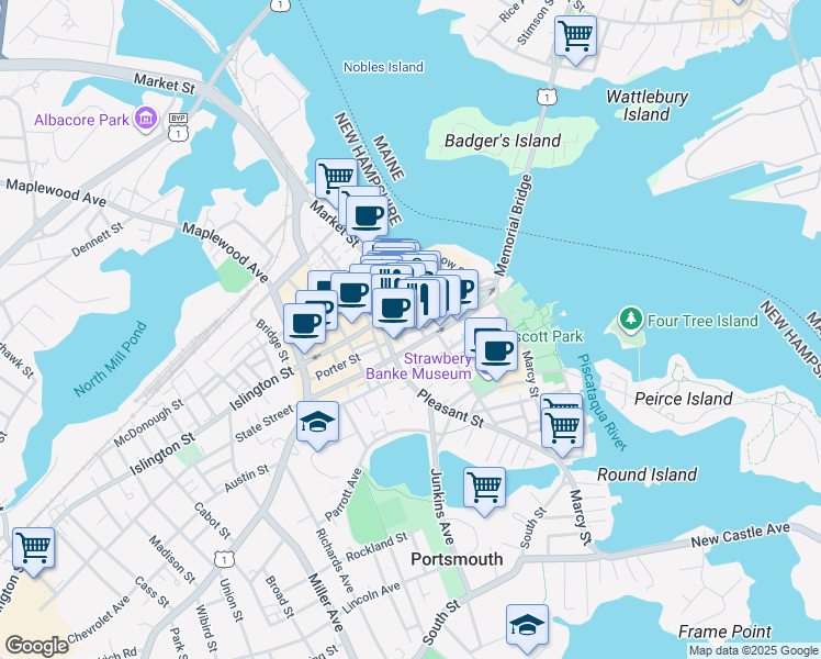 map of restaurants, bars, coffee shops, grocery stores, and more near 30 Penhallow Street in Portsmouth