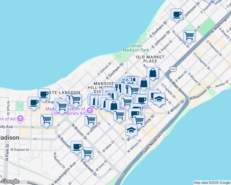 map of restaurants, bars, coffee shops, grocery stores, and more near 22 East Dayton Street in Madison
