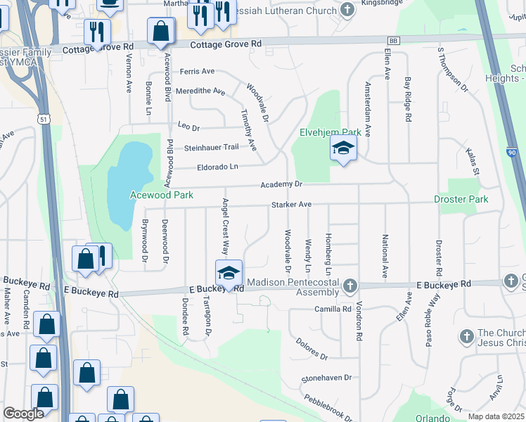 map of restaurants, bars, coffee shops, grocery stores, and more near 4822 Starker Avenue in Madison