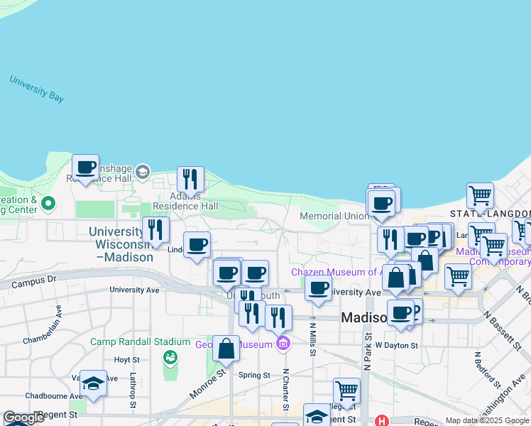 map of restaurants, bars, coffee shops, grocery stores, and more near 1200 Observatory Drive in Madison