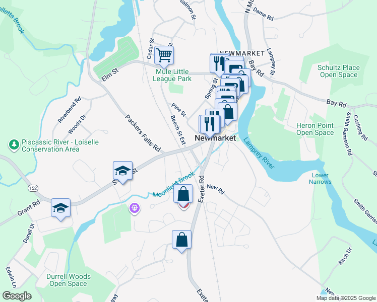 map of restaurants, bars, coffee shops, grocery stores, and more near 187 South Main Street in Newmarket