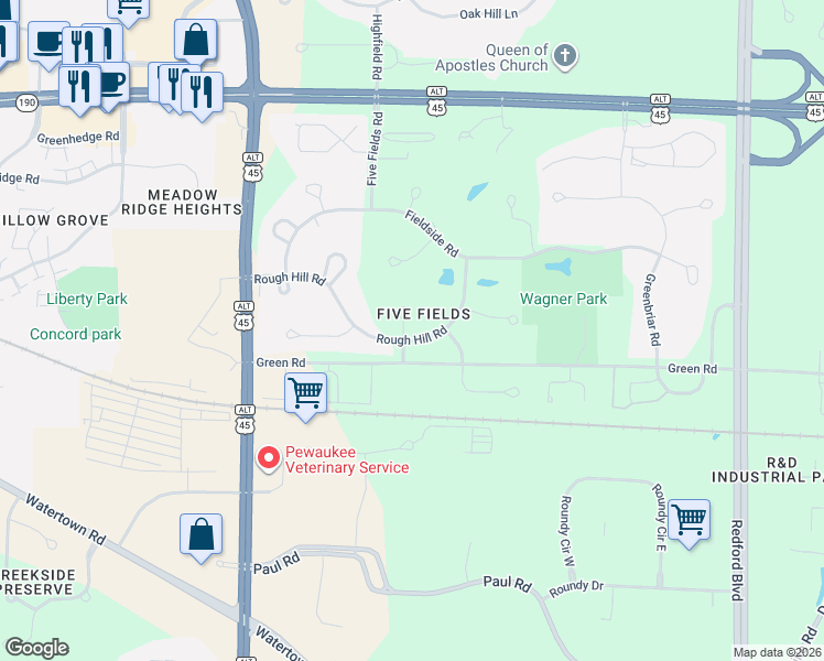 map of restaurants, bars, coffee shops, grocery stores, and more near N31W23640 Rough Hill Road in Pewaukee