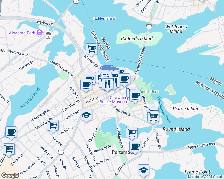 map of restaurants, bars, coffee shops, grocery stores, and more near 30 Penhallow Street in Portsmouth