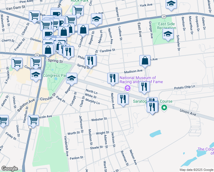 map of restaurants, bars, coffee shops, grocery stores, and more near 168 Nelson Avenue in Saratoga Springs