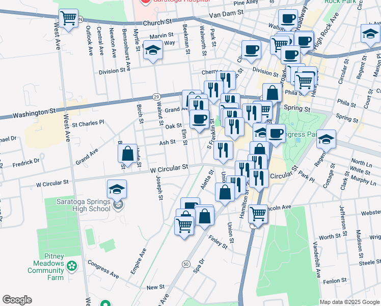 map of restaurants, bars, coffee shops, grocery stores, and more near 161 Elm Street in Saratoga Springs