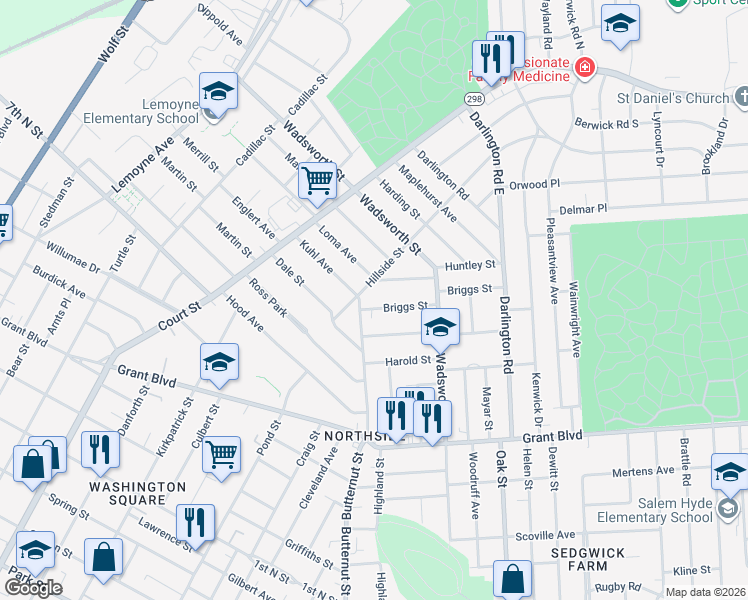 map of restaurants, bars, coffee shops, grocery stores, and more near 118 Huntley Street in Syracuse