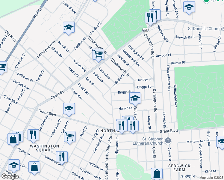map of restaurants, bars, coffee shops, grocery stores, and more near 101 Kuhl Avenue in Syracuse