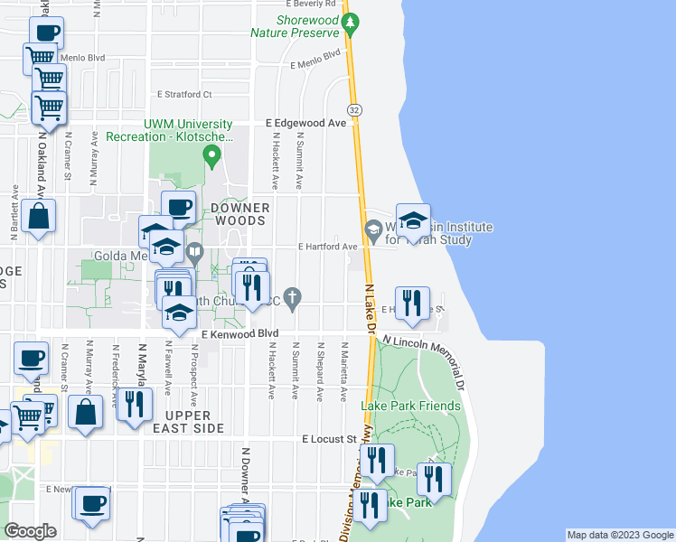 map of restaurants, bars, coffee shops, grocery stores, and more near 3255 North Marietta Avenue in Milwaukee