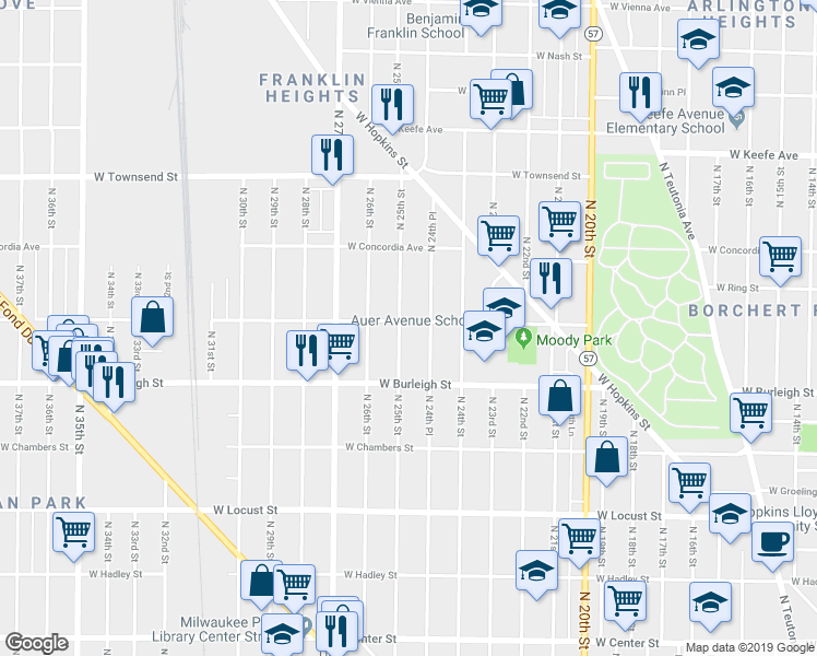 map of restaurants, bars, coffee shops, grocery stores, and more near 2504 West Auer Avenue in Milwaukee