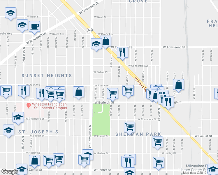map of restaurants, bars, coffee shops, grocery stores, and more near 3177 North 41st Street in Milwaukee
