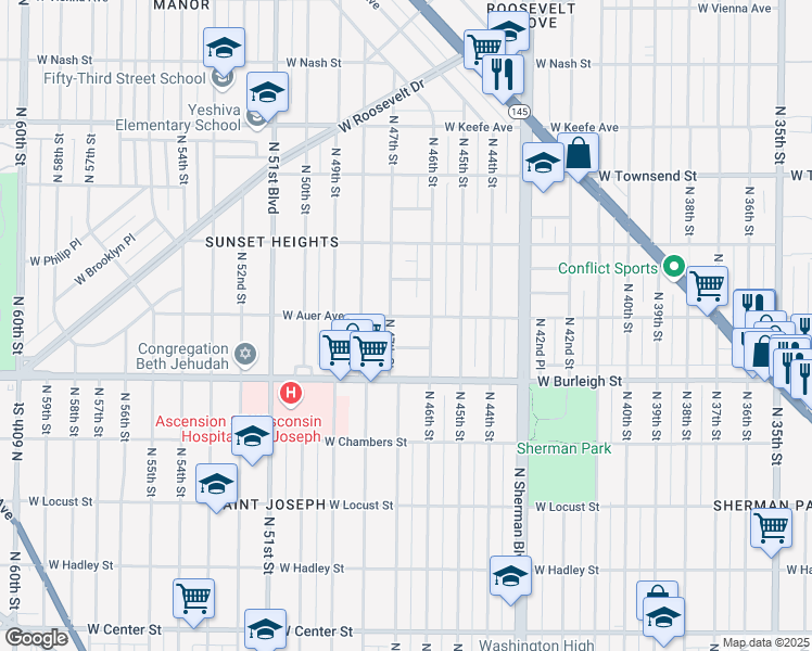 map of restaurants, bars, coffee shops, grocery stores, and more near 4633 West Auer Avenue in Milwaukee
