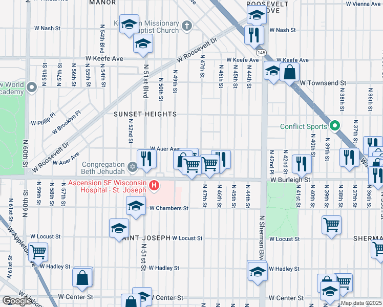 map of restaurants, bars, coffee shops, grocery stores, and more near 3176 North 48th Street in Milwaukee