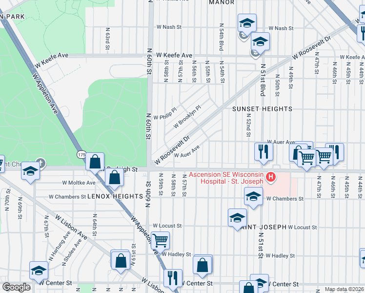 map of restaurants, bars, coffee shops, grocery stores, and more near 5705 West Roosevelt Drive in Milwaukee