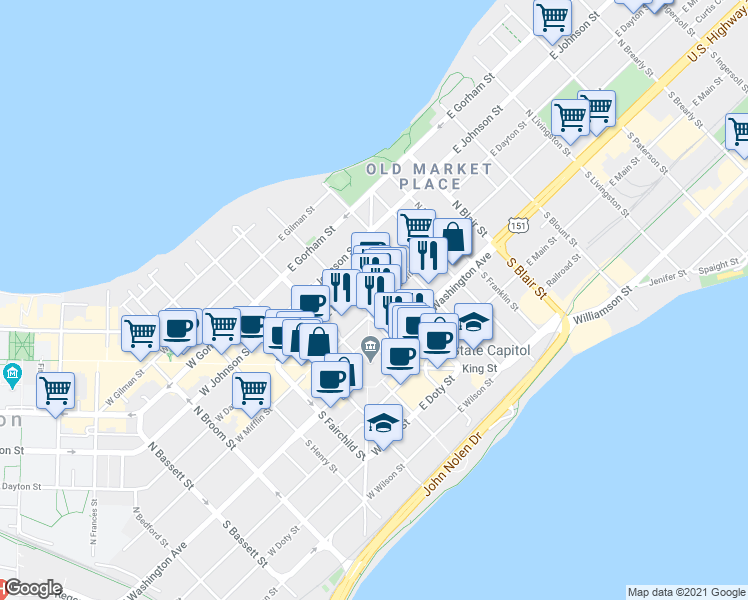 map of restaurants, bars, coffee shops, grocery stores, and more near in Madison