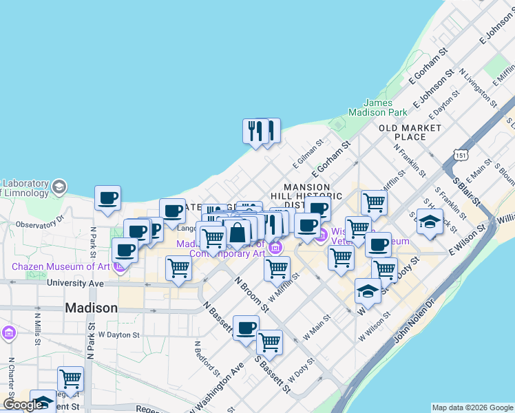 map of restaurants, bars, coffee shops, grocery stores, and more near 124 West Gilman Street in Madison