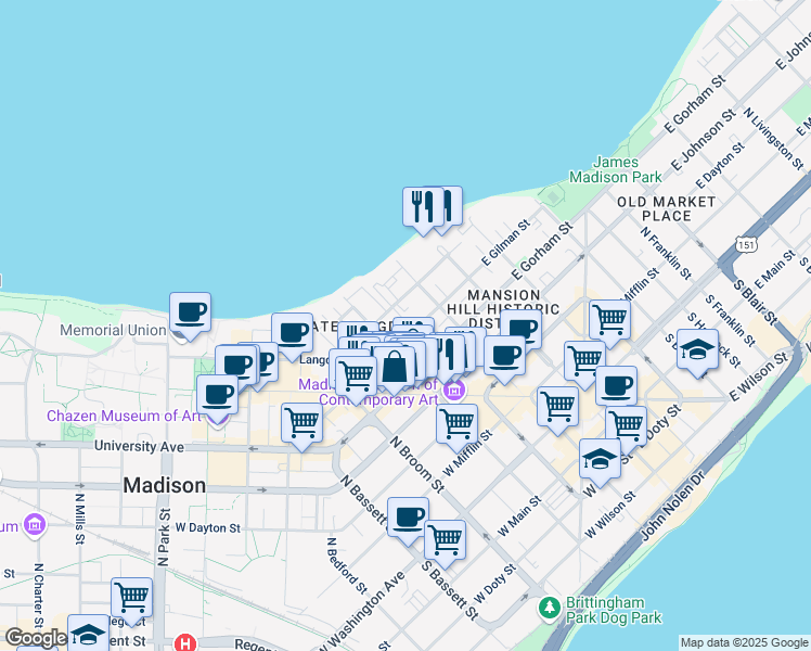 map of restaurants, bars, coffee shops, grocery stores, and more near 124 West Gilman Street in Madison