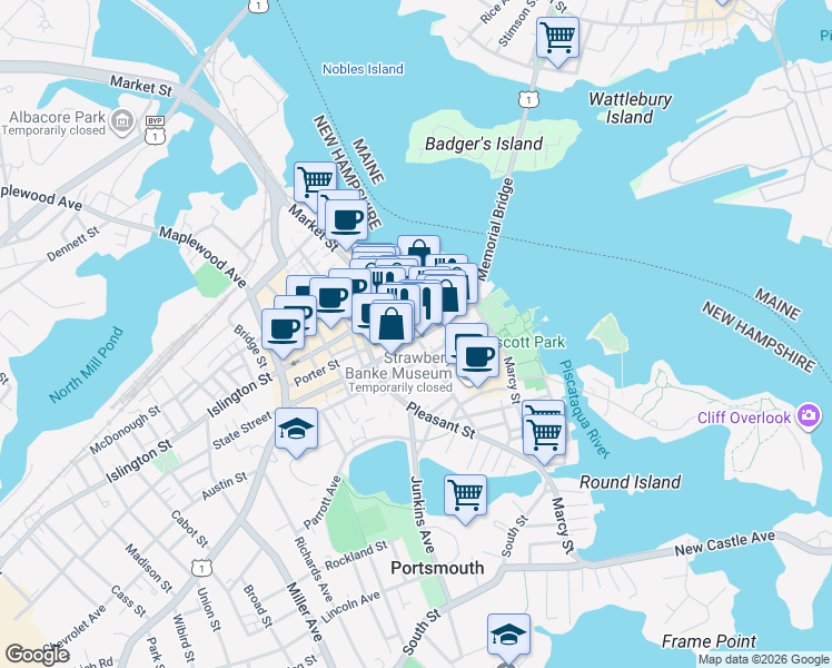 map of restaurants, bars, coffee shops, grocery stores, and more near 159 State Street in Portsmouth