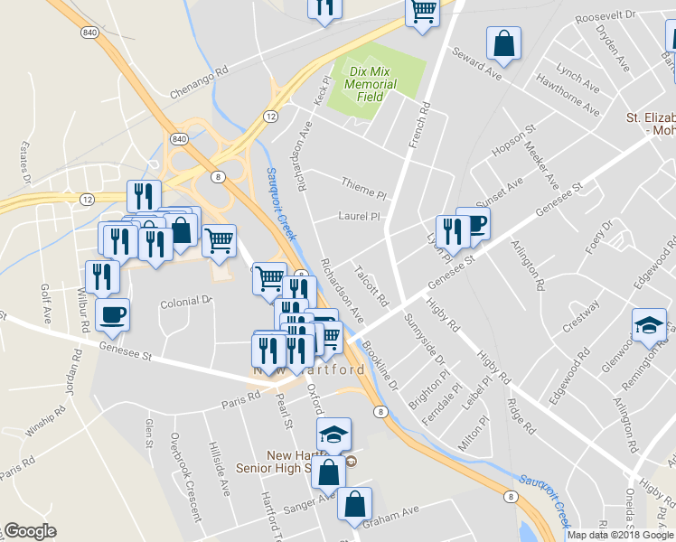 map of restaurants, bars, coffee shops, grocery stores, and more near 30 Richardson Avenue in Utica