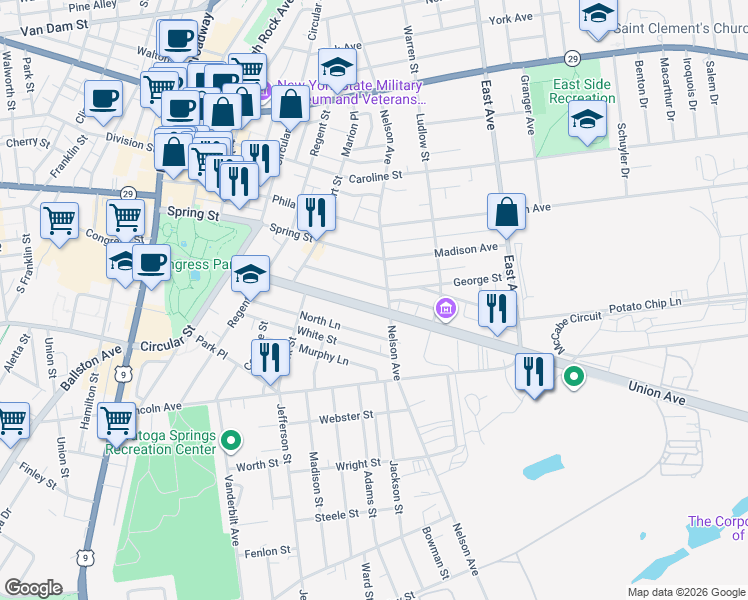 map of restaurants, bars, coffee shops, grocery stores, and more near 168 Nelson Avenue in Saratoga Springs