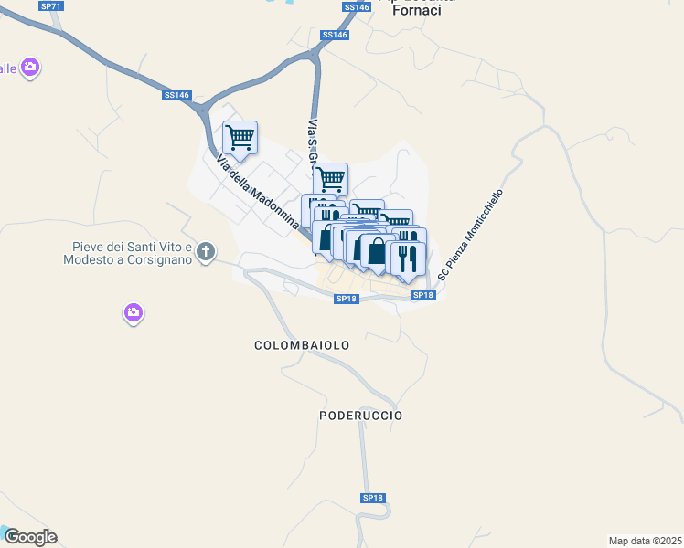 map of restaurants, bars, coffee shops, grocery stores, and more near 10 Via Elisa in Pienza