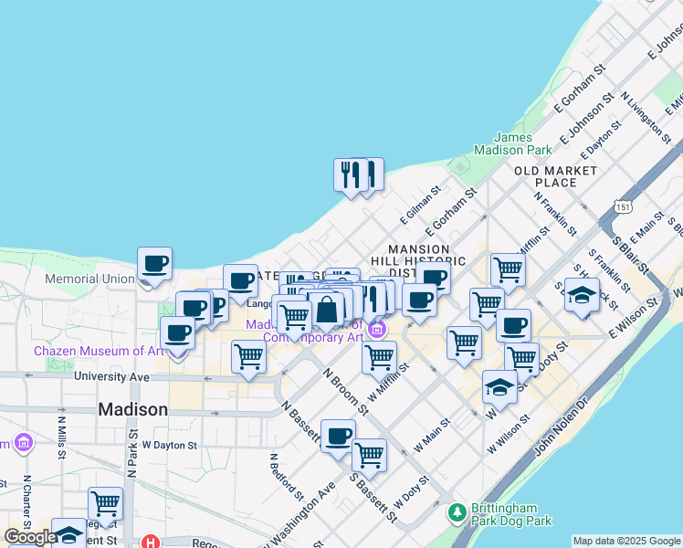 map of restaurants, bars, coffee shops, grocery stores, and more near 130 West Gilman Street in Madison