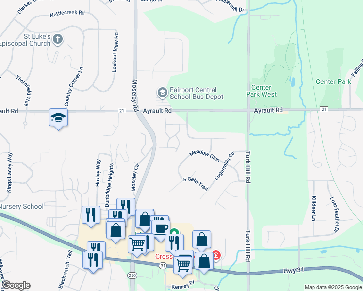 map of restaurants, bars, coffee shops, grocery stores, and more near 22 Lower Hill Lane in Fairport