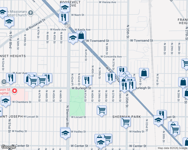 map of restaurants, bars, coffee shops, grocery stores, and more near 3172 North 40th Street in Milwaukee