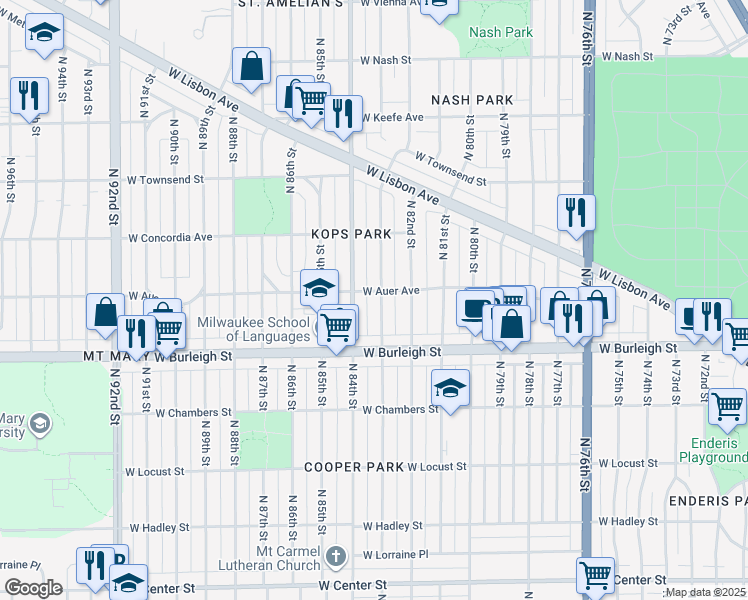 map of restaurants, bars, coffee shops, grocery stores, and more near 8329 West Auer Avenue in Milwaukee