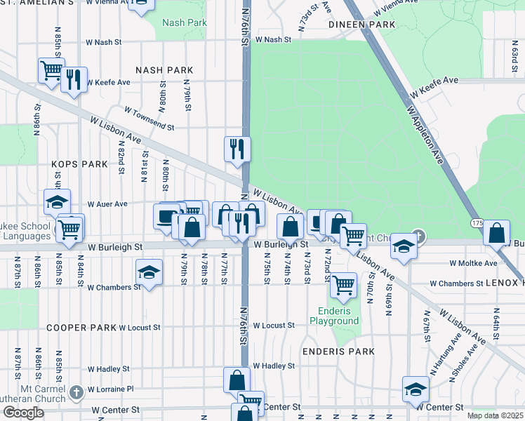 map of restaurants, bars, coffee shops, grocery stores, and more near 3167 North 75th Street in Milwaukee
