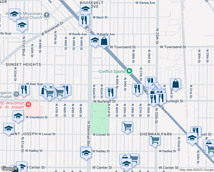 map of restaurants, bars, coffee shops, grocery stores, and more near 3177 North 41st Street in Milwaukee