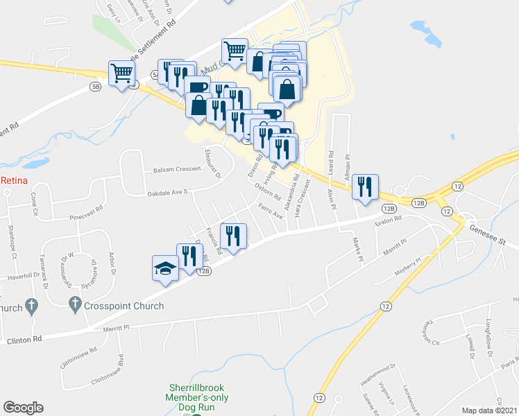 map of restaurants, bars, coffee shops, grocery stores, and more near 12 Ferro Avenue in New Hartford