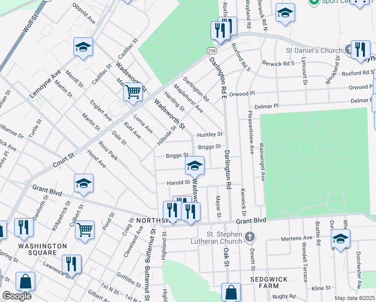 map of restaurants, bars, coffee shops, grocery stores, and more near 175 Briggs Street in Syracuse