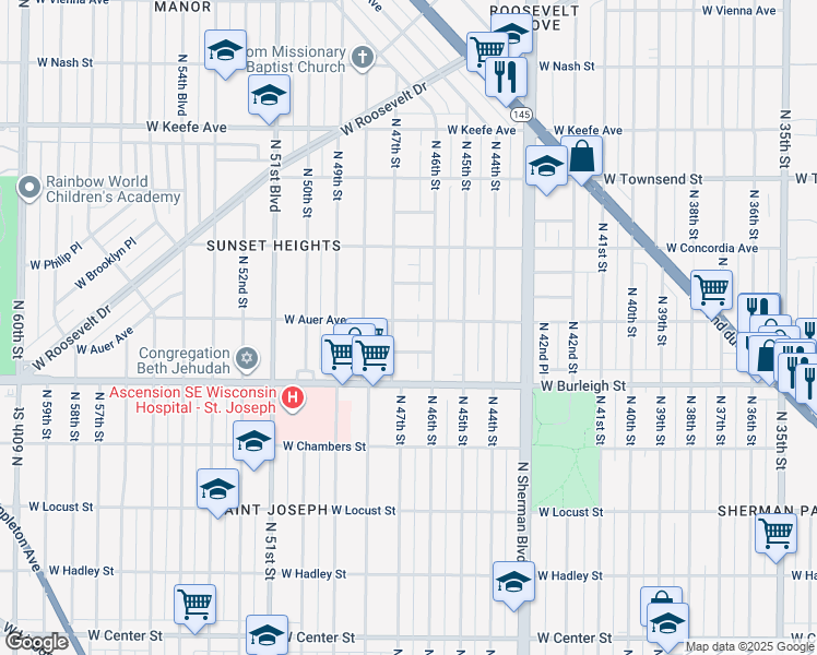 map of restaurants, bars, coffee shops, grocery stores, and more near 4633 West Auer Avenue in Milwaukee